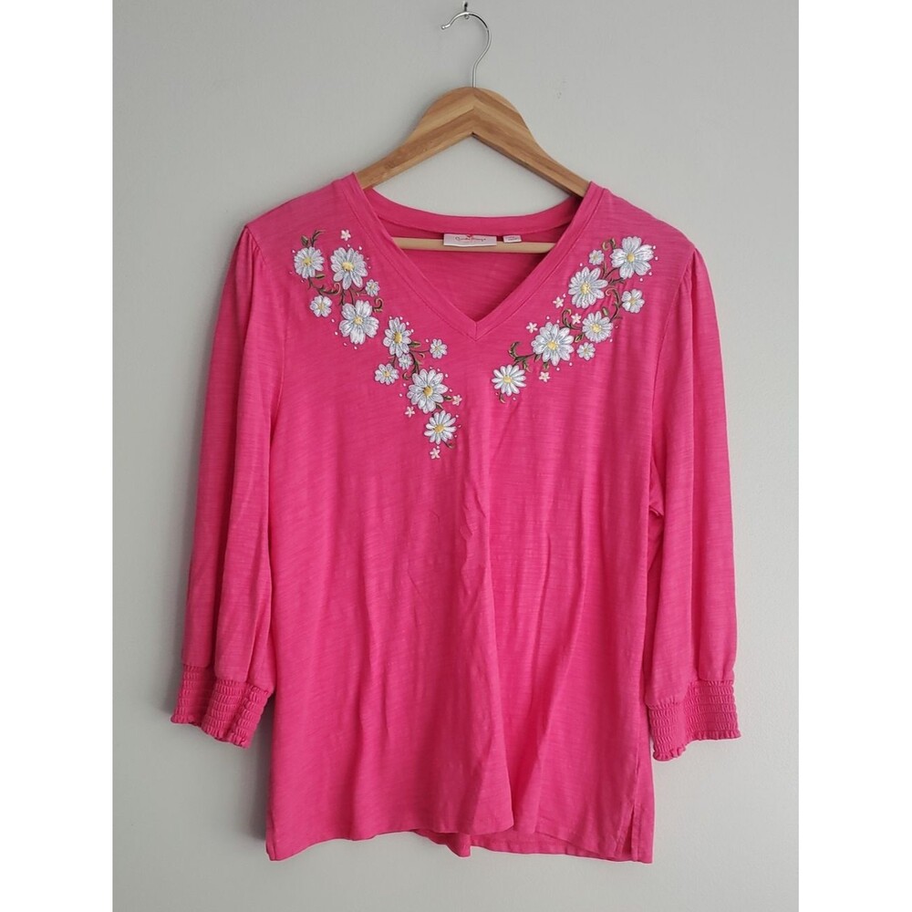 Quacker Factory Women’s Pink V-Neck Floral Embroidered Top Size Large